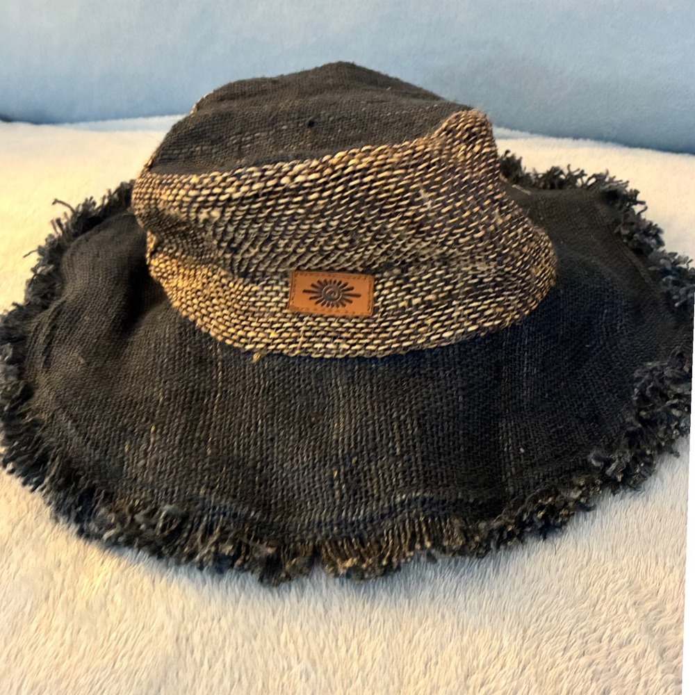 Sunny Life Sun Hat  XL Blue Brown Hemp Frayed Brim Boho Mushroom Nepal